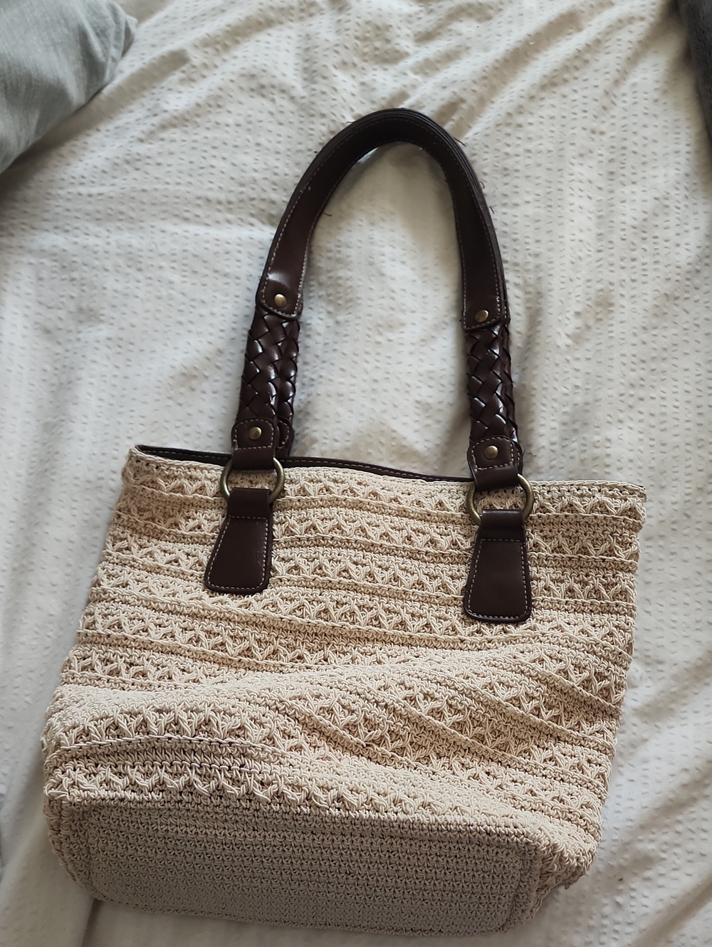 Cream Crochet Tote Bag with Brown Faux Leather Handles